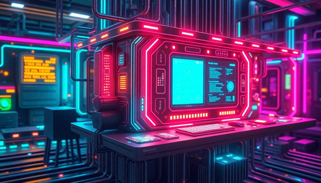 A highly detailed, glowing 3D illustration of a futuristic payment processing hub, with neon cyan and magenta lights illuminating the intricate circuitry and data flows, conceptually representing advanced, autonomous financial infrastructure powering global commerce.