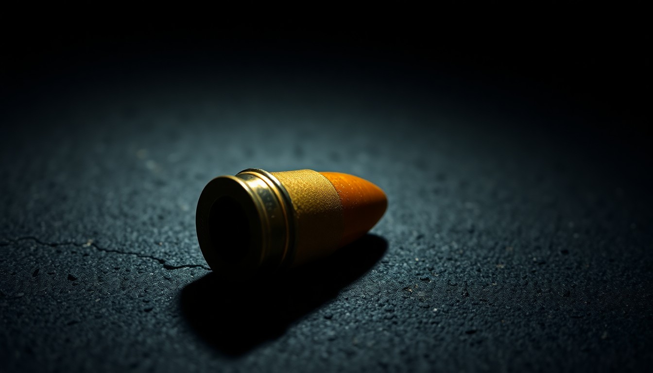 An extreme close-up photograph of a spent shell casing on a dark concrete surface, conceptually illustrating the aftermath of a shooting incident.