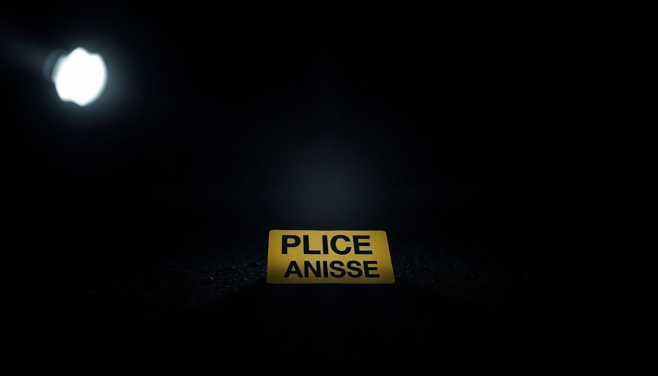 An extreme close-up of a police evidence marker on the ground, capturing the dramatic lighting and stark, gritty aesthetic to conceptually represent the investigation into a school bomb threat.