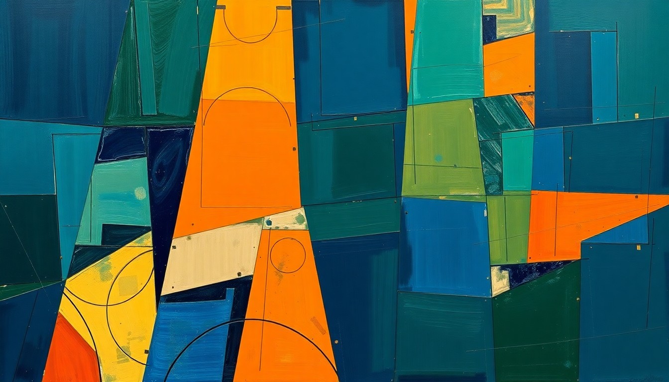A fragmented, geometric painting depicting a high school basketball game, with sharp planes of navy, green, and orange overlapping to create a dynamic, multi-angled composition.