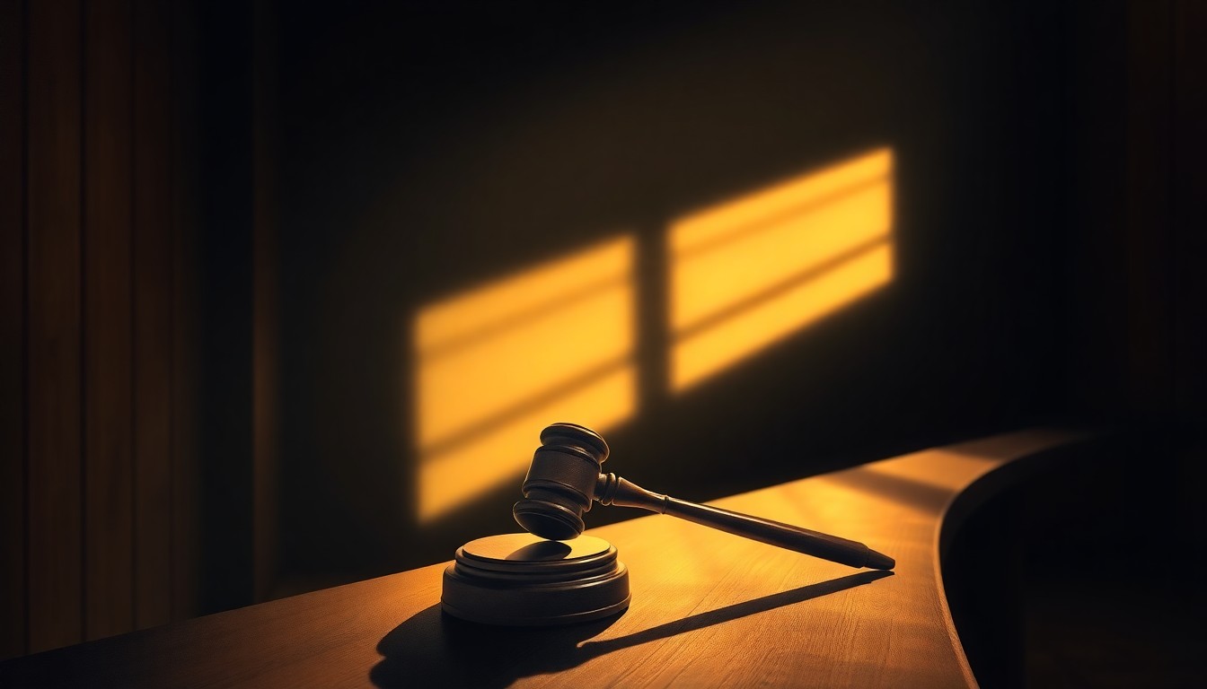 A serene, photorealistic painting of a judge's gavel resting on a wooden bench, with warm sunlight casting deep shadows across the scene, conveying a sense of contemplation and the weight of judicial responsibility.