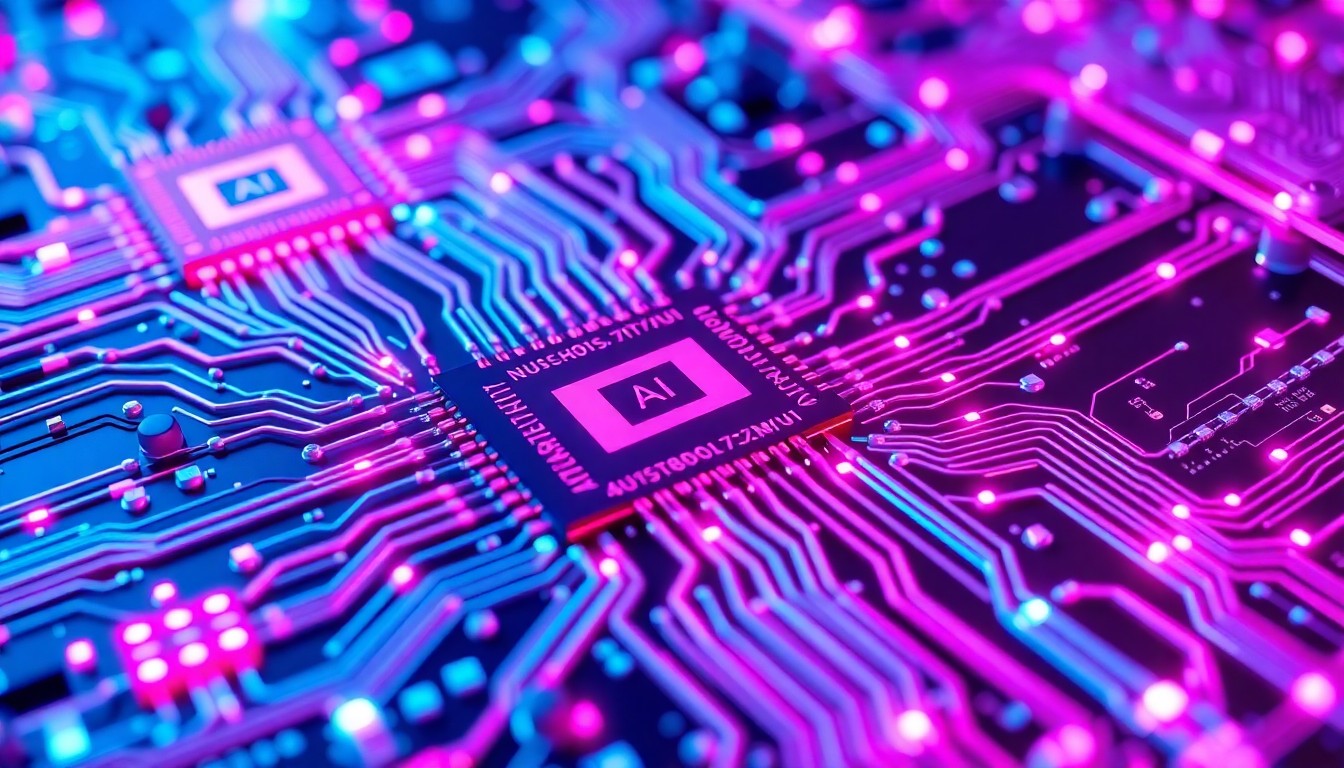 A highly detailed, glowing 3D macro illustration of a complex network of interconnected circuits, microchips, and data cables in shades of neon blue, magenta, and white, conceptually representing the advanced AI infrastructure powering NeuBird's enterprise-grade automation solutions.