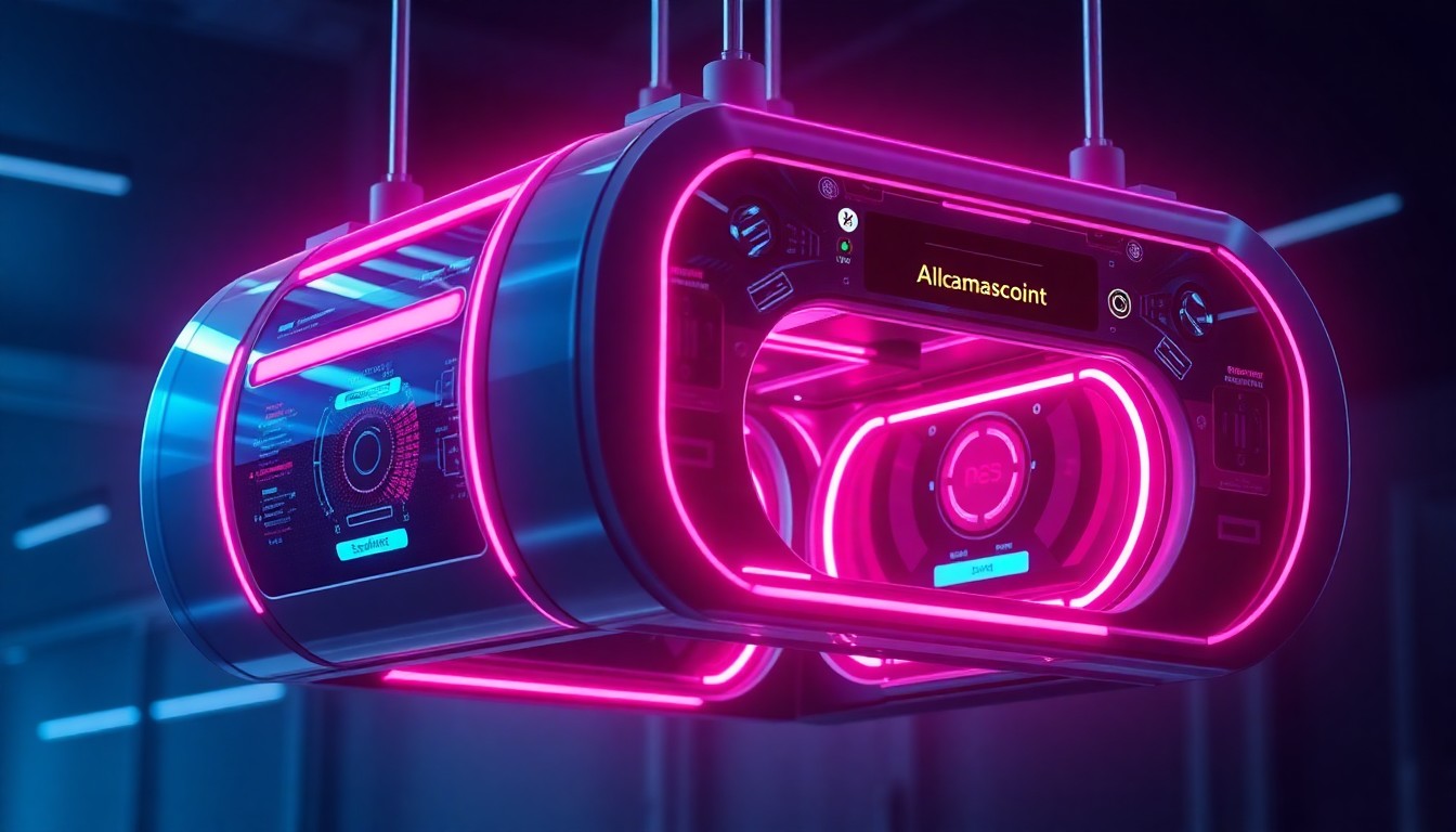 A highly detailed, glowing 3D illustration of a futuristic airport security scanner, with intricate inner workings and sensors illuminated by neon cyan and magenta lights, conceptually representing the advanced technology powering secure air travel.