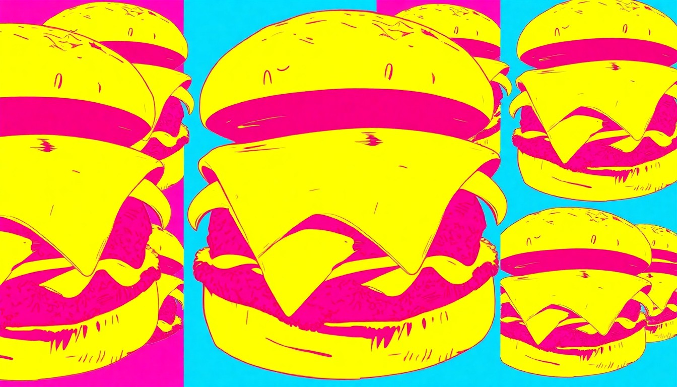 A highly stylized, pop art-inspired illustration featuring a repeated pattern of a cheeseburger with an exaggerated, oversized cheese slice, rendered in a bold, neon color palette with heavy black outlines, conceptually representing the indulgent and flavor-packed nature of the updated menu item.