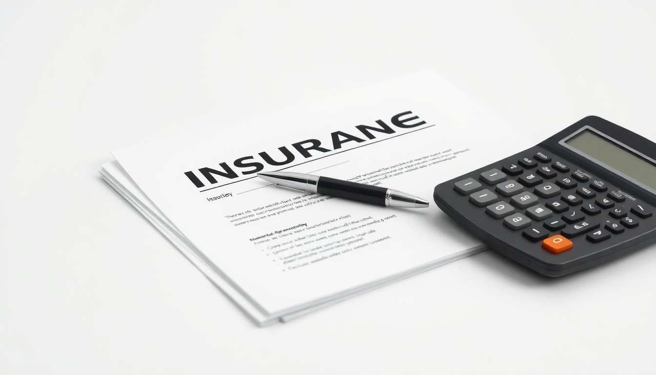 A high-end, photorealistic studio still-life photograph featuring a stack of insurance documents, a pen, and a calculator on a clean, monochromatic background, conceptually representing the abstract business of corporate risk management and financial strategy.