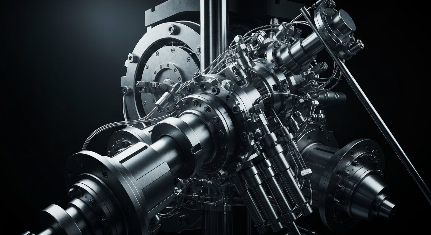 An extreme close-up of a highly detailed, industrial-looking medical device or pharmaceutical manufacturing equipment, dramatically lit against a dark background, conceptually representing the high-stakes world of biotech drug development.