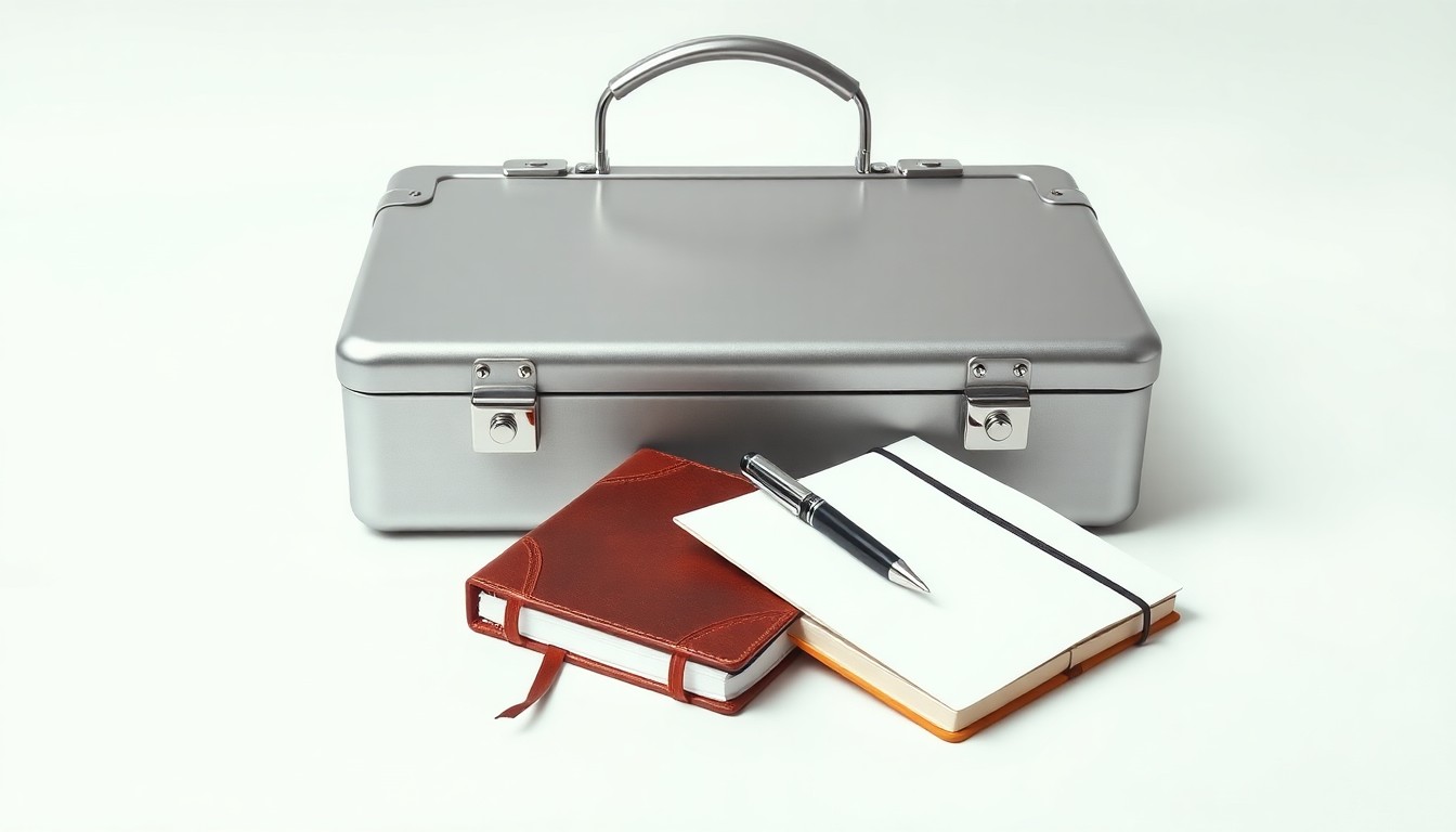 A high-end studio still life photograph featuring a polished metal briefcase, a leather-bound notebook, and a pen arranged elegantly on a clean, white background, conceptually representing the advisory services available to business owners navigating complex ownership transitions.