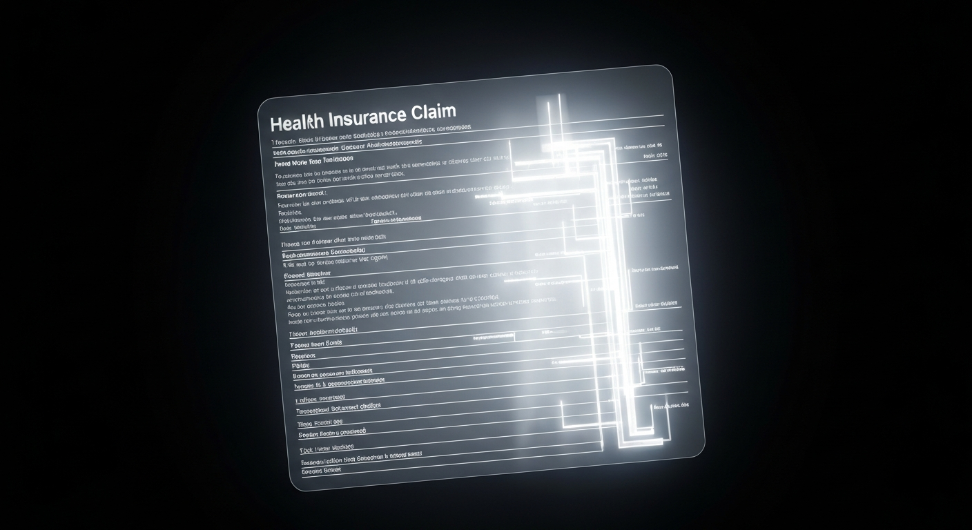 A translucent, ghostly X-ray photograph of a health insurance claim form, revealing the intricate internal structures and data flows that power modern healthcare administration. The form glows with a soft, ethereal light against a dark background, symbolizing the modernization of an outdated industry.