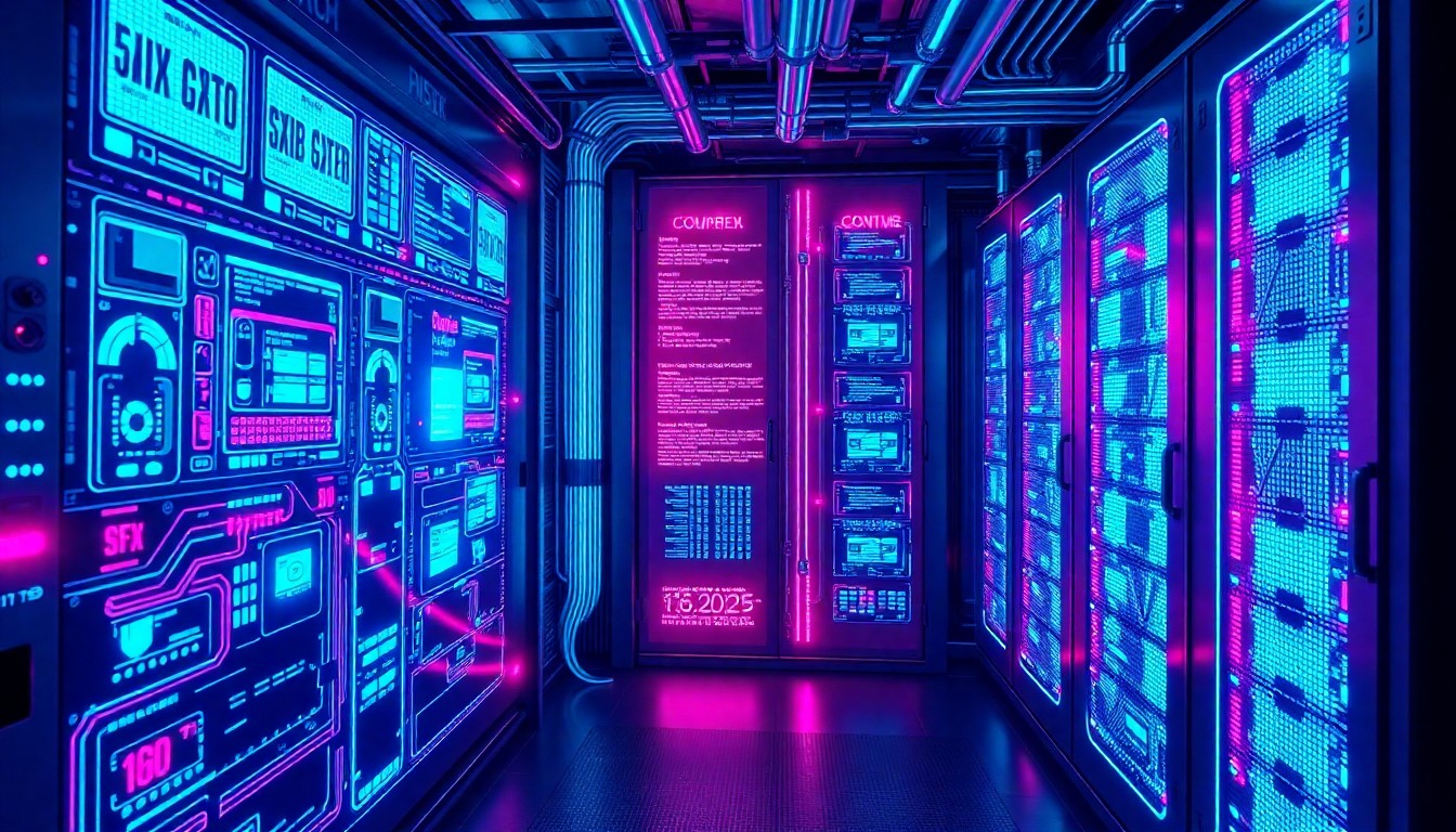 A highly detailed, glowing 3D illustration of a futuristic cybersecurity control panel or data center infrastructure, featuring illuminated circuit boards, fiber optic cables, and other recognizable digital technology elements in a palette of neon cyan, magenta, and dark greys, conceptually representing the innovative cybersecurity solutions being celebrated by the awards.