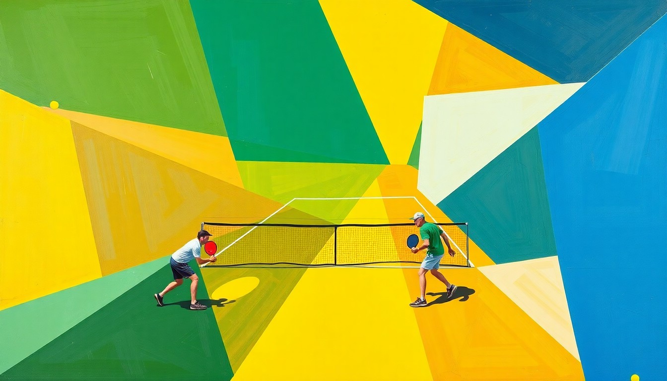 A fragmented, geometric painting depicting a pickleball game from multiple angles, with sharp planes of bright green, blue, and yellow representing the court, players, and ball.