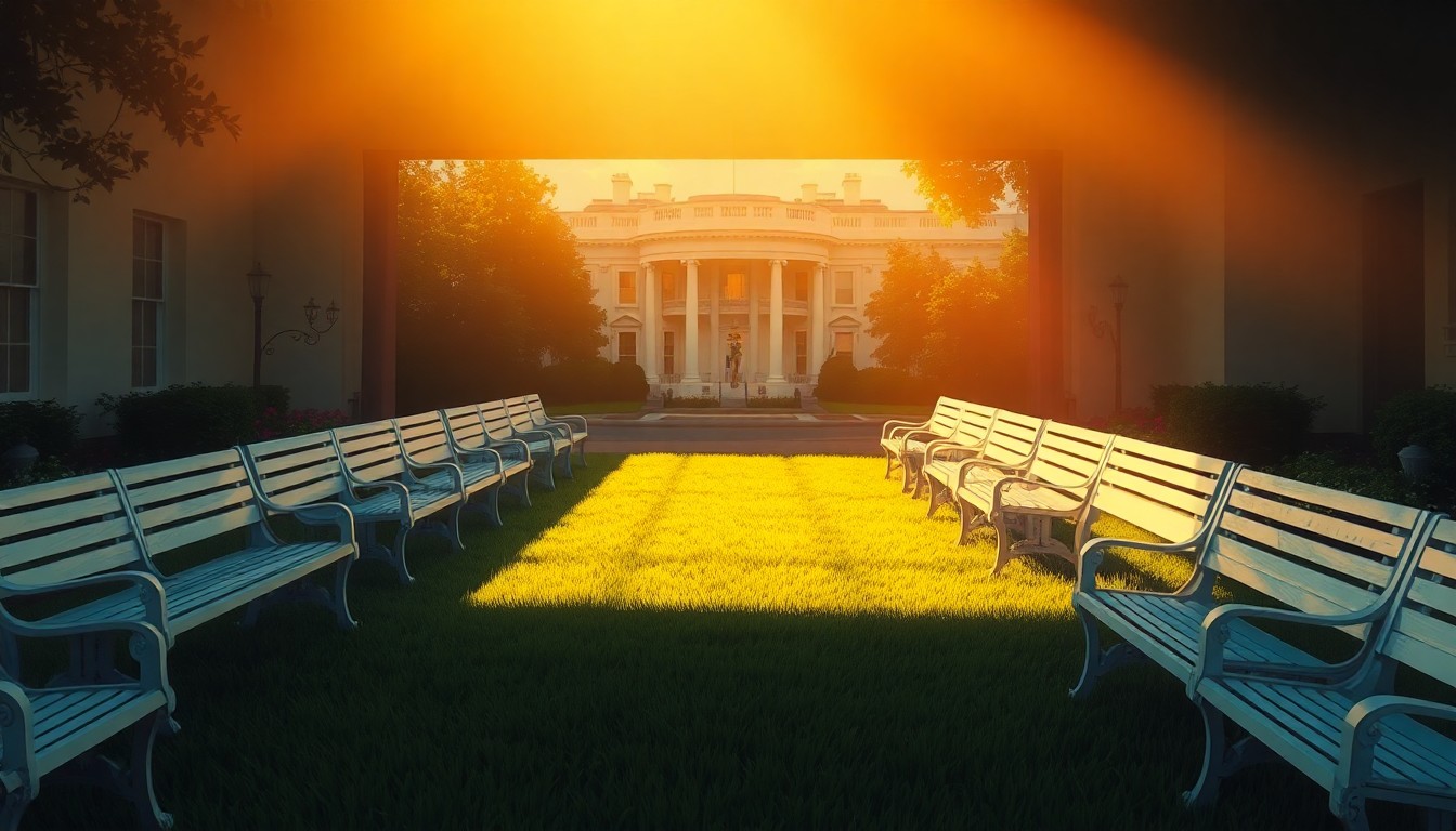 A serene, cinematic painting of the White House Rose Garden patio, with rows of white benches covered in strips of artificial grass bathed in warm, diagonal sunlight and deep shadows, conceptually illustrating the controversial redesign of this cherished public space.