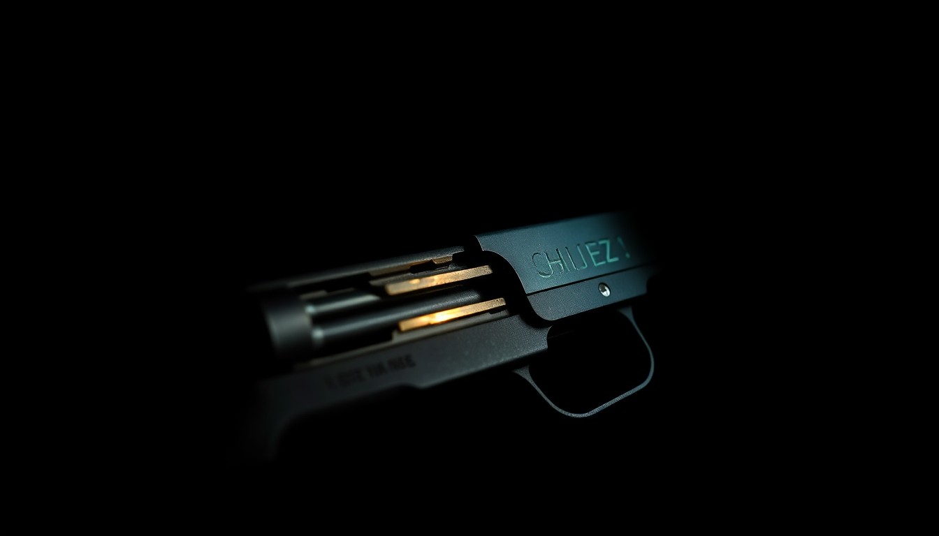 An extreme close-up photograph of a disassembled firearm component, such as a magazine or trigger mechanism, lit by a harsh, direct camera flash against a pitch-black background, conceptually illustrating the discovery of illegal weapons during a law enforcement operation.