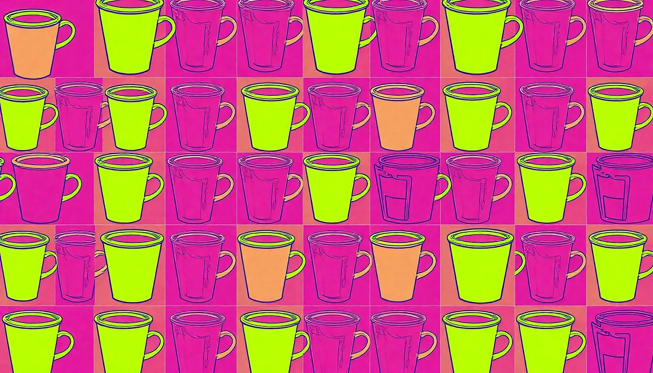 A brightly colored, high-contrast silkscreen print of a coffee mug repeated in a tight grid pattern, conceptually representing the community-focused lifestyle of the Modern Elder Academy co-living homes.