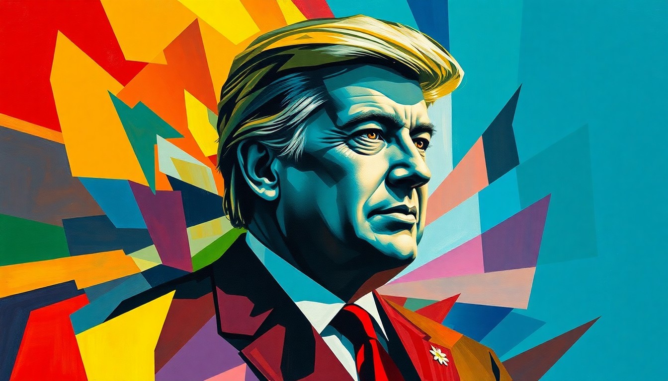 A dynamic, abstract painting in bold, overlapping strokes of red, blue, and yellow, conceptually representing the turbulence and shifting power dynamics of the California governor's race.