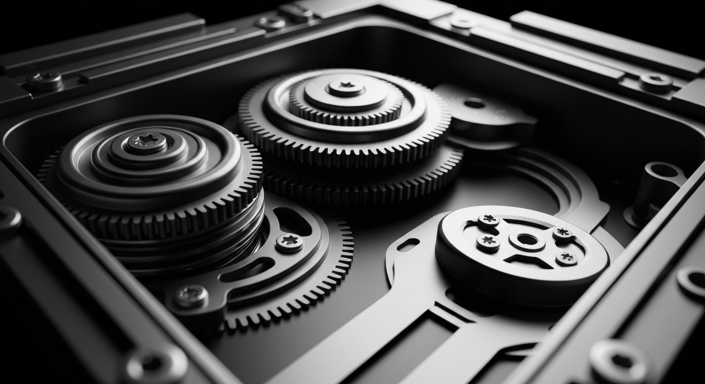 A high-contrast, close-up image of the intricate mechanical components inside a data storage drive, rendered in a stark industrial style that evokes the powerful, utilitarian aesthetic of 20th century manufacturing.