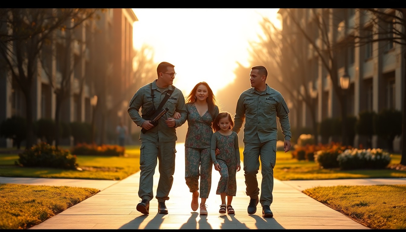 An abstract, impressionistic photograph of a military family walking together on a college campus, with soft, blurred shapes and pools of warm, vibrant color in the background, conveying a sense of community and support.