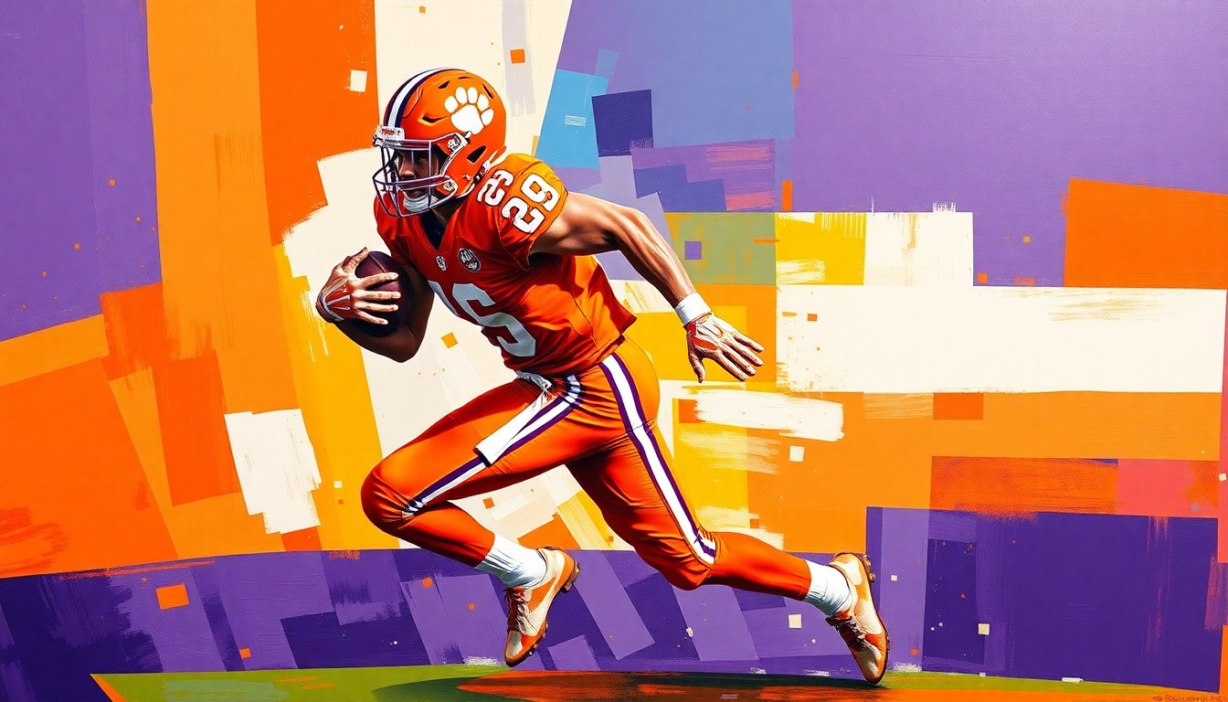 A cubist, geometric painting depicting a Clemson football player in action, with sharp, overlapping planes of orange and purple colors representing the raw energy and movement of the sport.