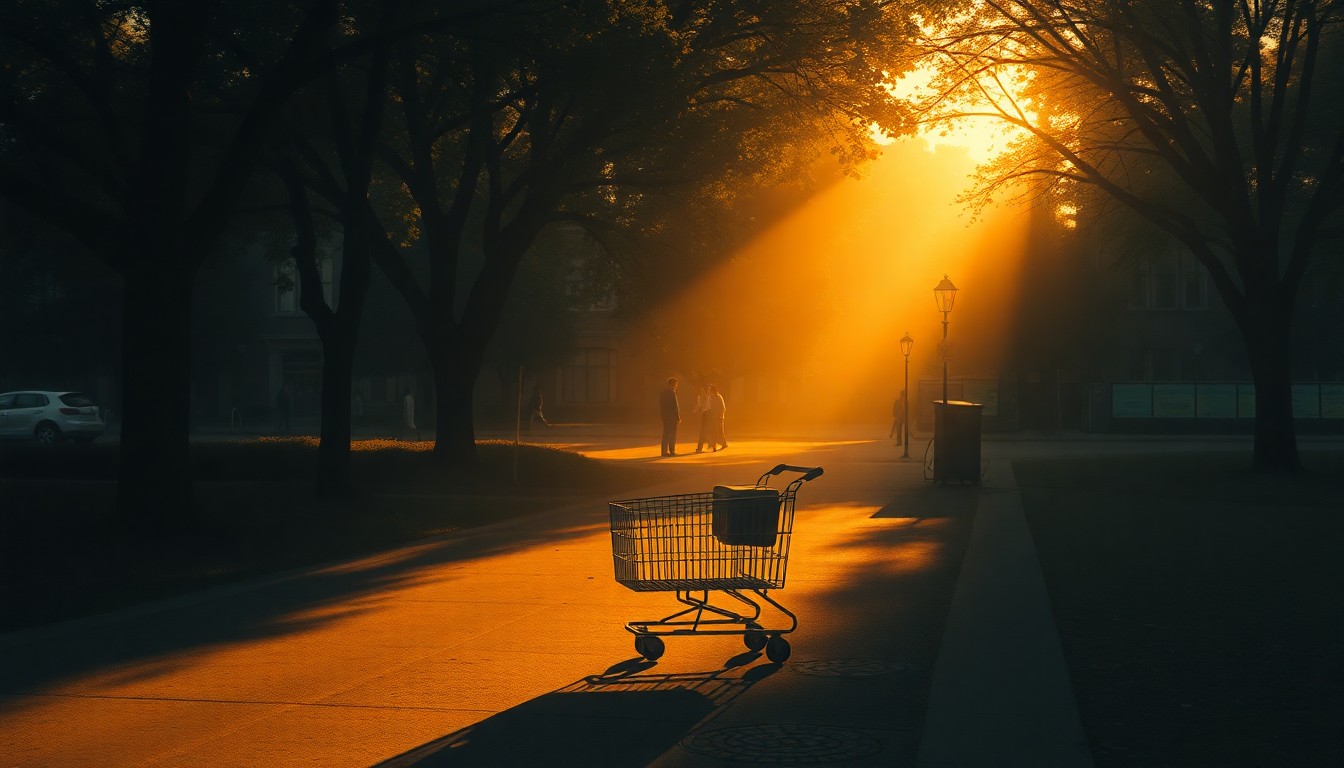 A serene, cinematic painting of a lone shopping cart or tent in a sun-dappled city park, conveying a sense of isolation and the complex challenges of homelessness.