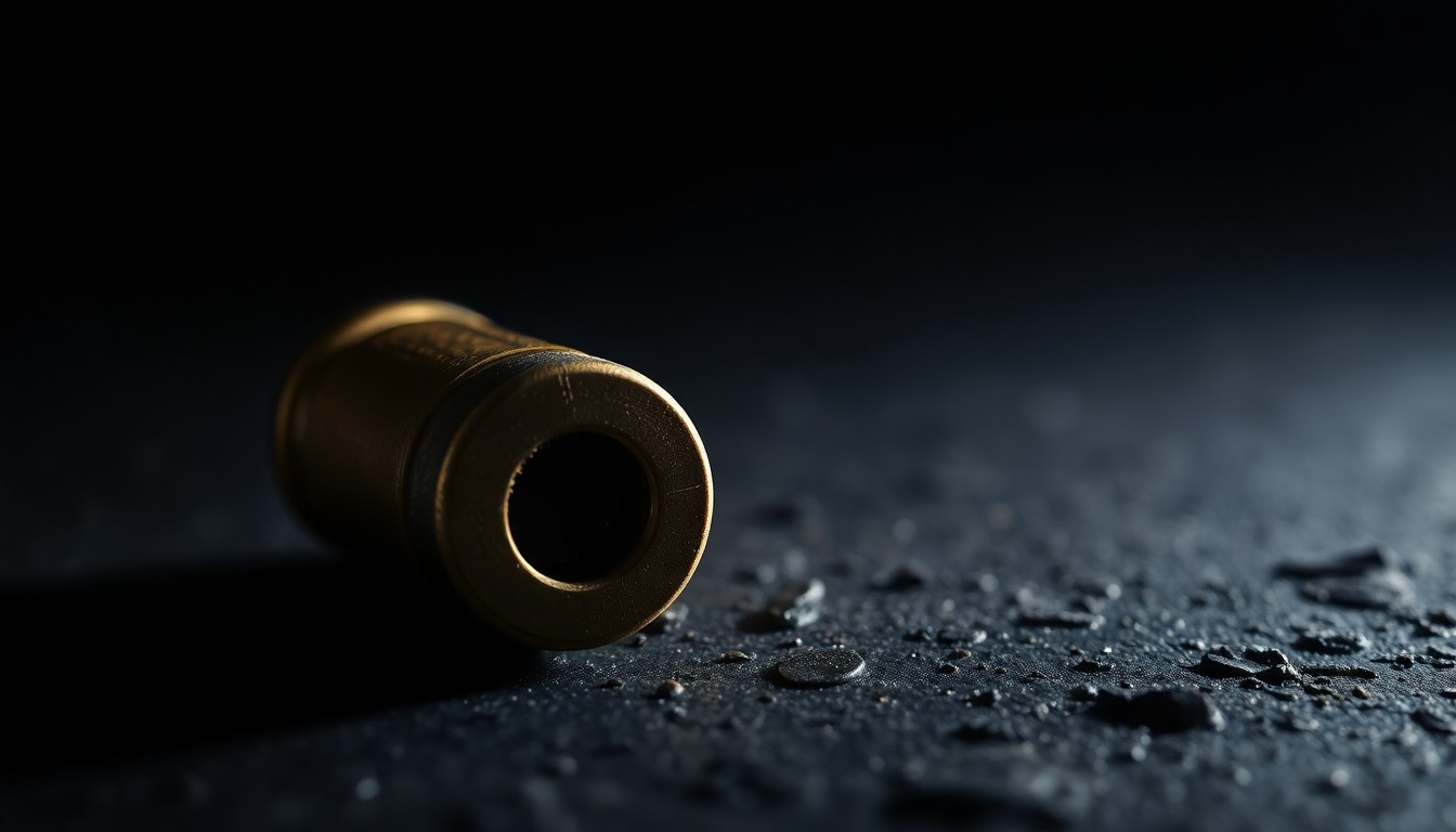 An extreme close-up of a spent shell casing on a dark, textured surface, lit by a harsh, direct camera flash, conceptually illustrating the physical evidence left behind after a shooting incident.