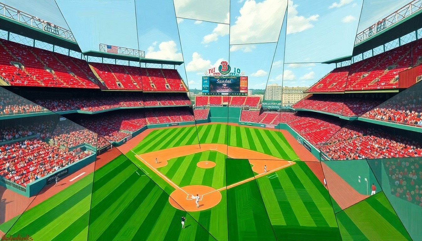 A cubist painting depicting a baseball game at Fenway Park, with the field, players, and stadium seating broken down into sharp, overlapping geometric shapes and planes of color, conveying the fragmented and disjointed nature of the Red Sox's disappointing start to the season.