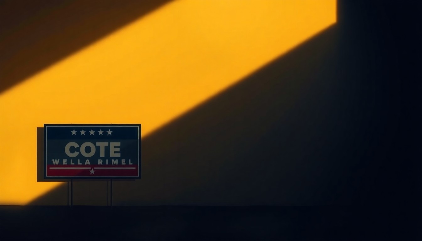 A dimly lit, textured oil painting depicting the corner of a small political campaign office, with warm sunlight streaming through the window and casting deep shadows across the room, conceptually representing a community-driven political effort.