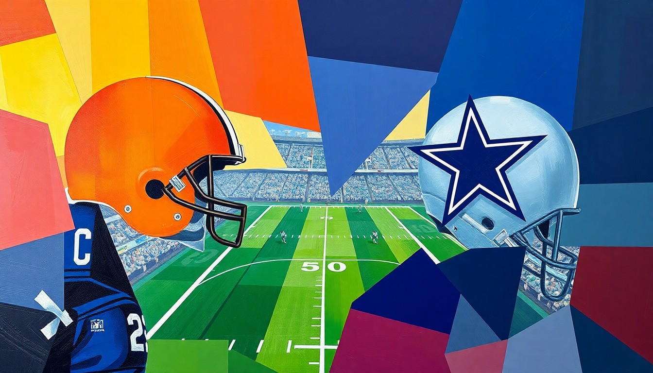 A cubist, geometric painting depicting a fragmented football game, with the sharp, overlapping planes rendered in the team colors of the Cleveland Browns and Dallas Cowboys.