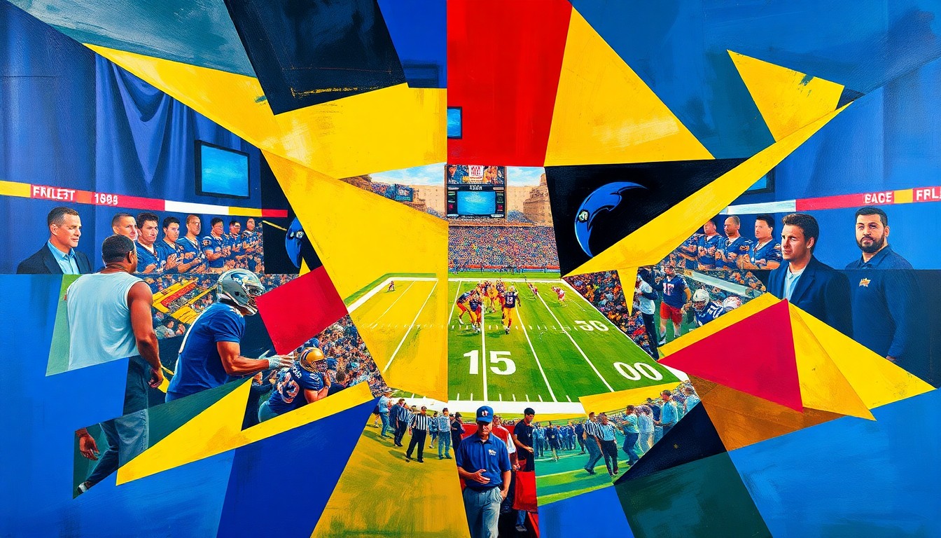 A fragmented, geometric painting in bold colors depicting an abstract football scene, representing the Rams' draft plans to secure their next starting quarterback.