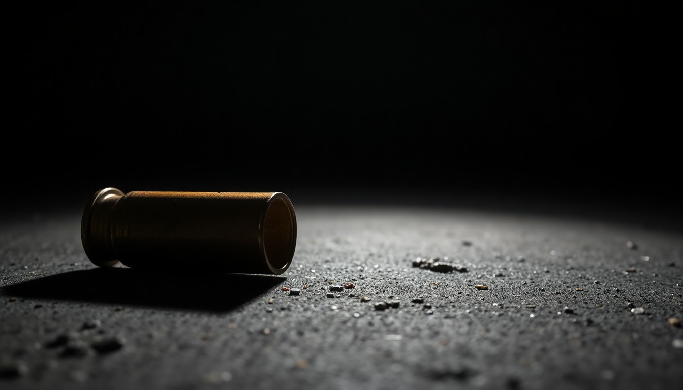 An extreme close-up photograph of a spent shell casing on a dark concrete surface, lit by a harsh, direct camera flash, conceptually illustrating the evidence gathered from a reckless firearms incident.