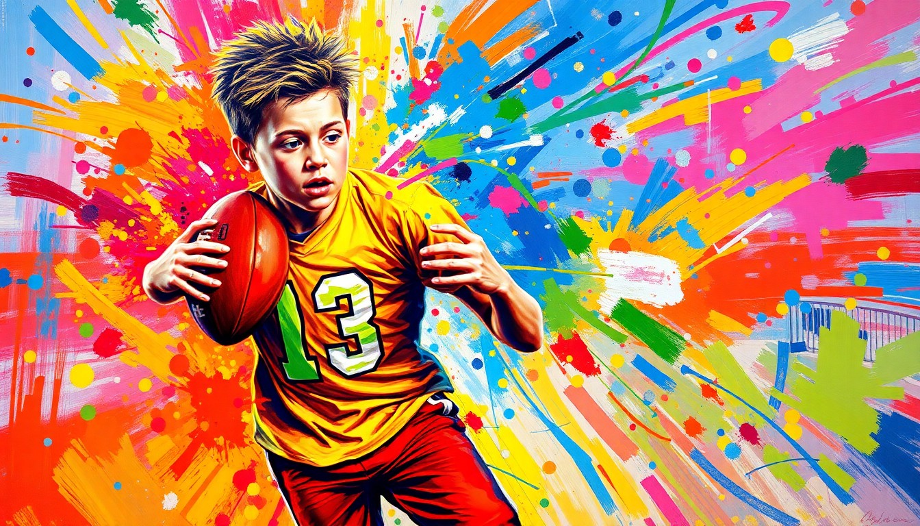 An abstract, expressionist painting in neon colors depicting the blurred, energetic motion of a young boy running with a football, capturing the raw emotion and movement of the historic moment.