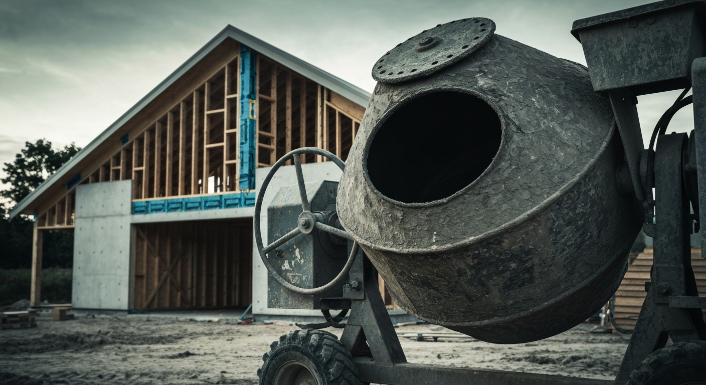 An extreme close-up of industrial construction equipment and machinery, dramatically lit to represent the tangible financial and operational factors impacting the homebuilding industry.