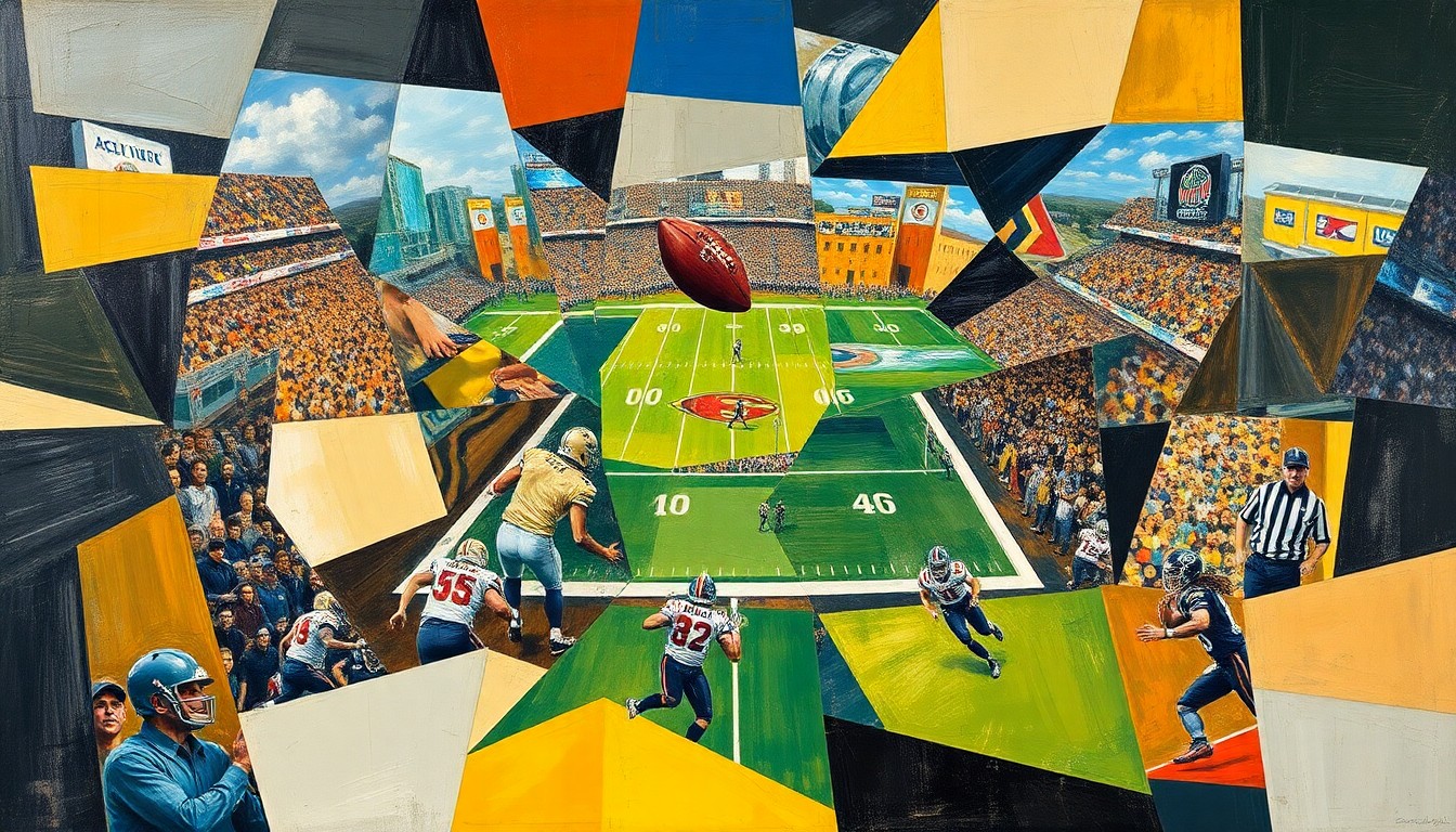 A cubist, geometric painting depicting fragmented scenes of a college football game, with players and field elements broken down into sharp, overlapping planes of color and shape.