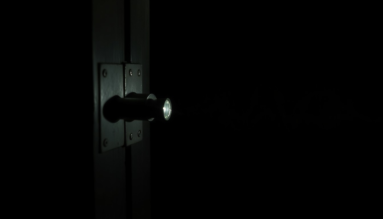 An extreme close-up photograph of a damaged door lock, lit by a harsh, direct camera flash against a pitch-black background, conceptually illustrating the aftermath of a squatting incident.