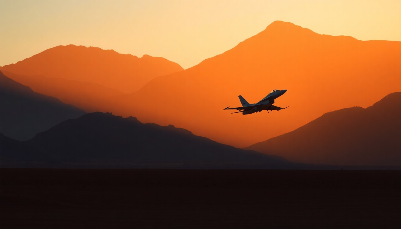 A serene, cinematic painting depicting a lone U.S. fighter jet silhouetted against a desert mountain landscape, the plane's form bathed in warm, diagonal sunlight and deep shadows, conveying a sense of isolation and the high-stakes nature of the rescue mission.