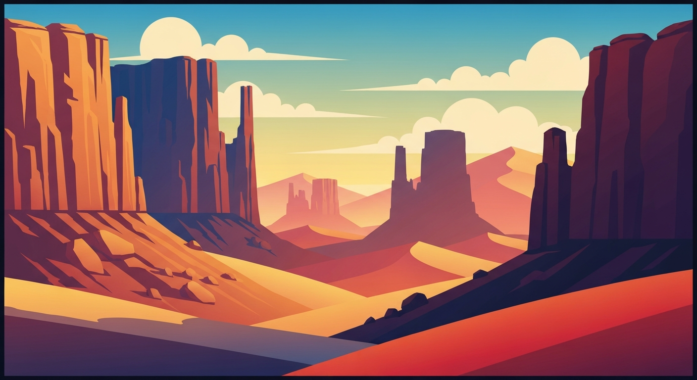 A bold, geometric landscape illustration in the Art Deco style, depicting the towering rock formations and sweeping dunes of a U.S. national park, capturing the grand, otherworldly scale of these natural wonders.
