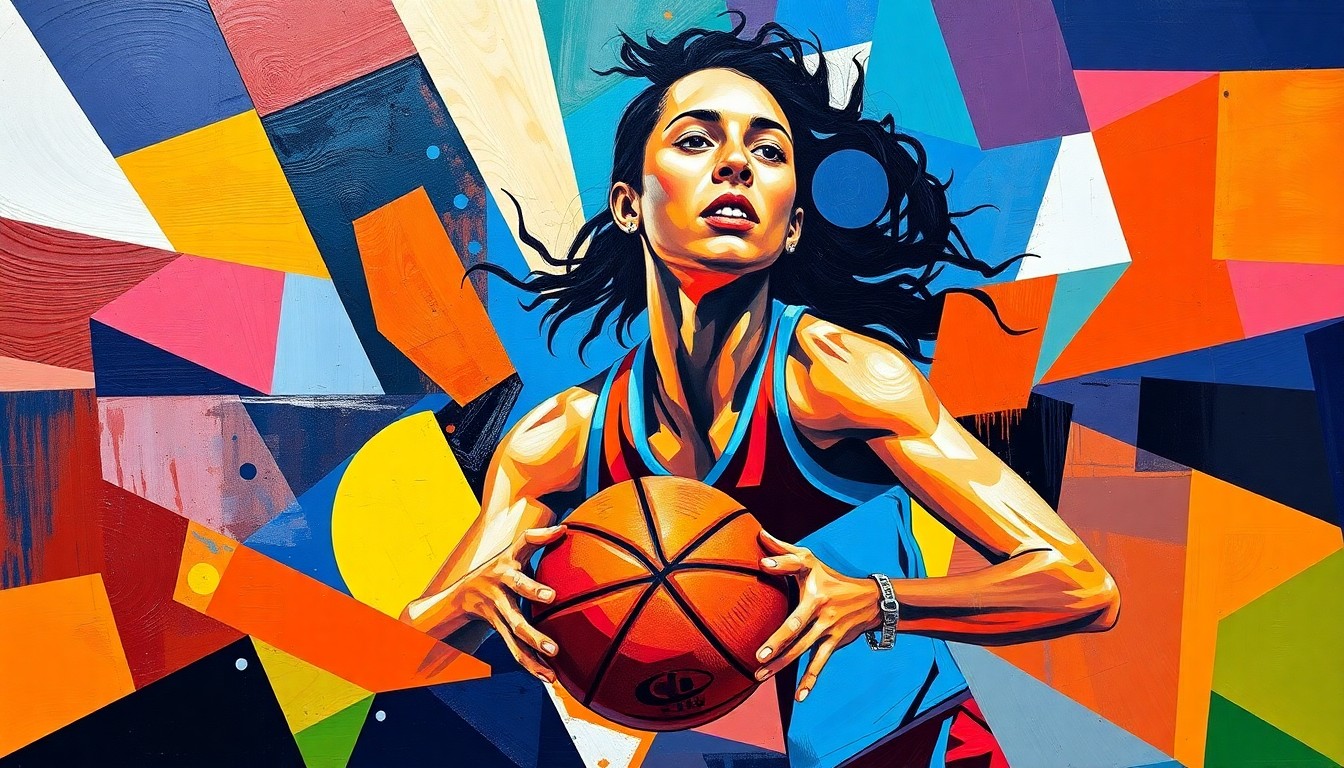 A fractured, multi-perspective painting depicting the dynamic movements and energy of a high school basketball player, with sharp geometric shapes and vibrant colors representing the athleticism and skill of the subject.