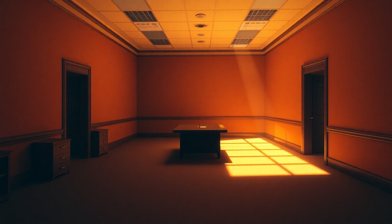 A dimly lit, cinematic interior space with a single desk and chair, the warm light casting long shadows across the floor and walls, conceptually representing the legal aftermath of a high-profile political corruption case.