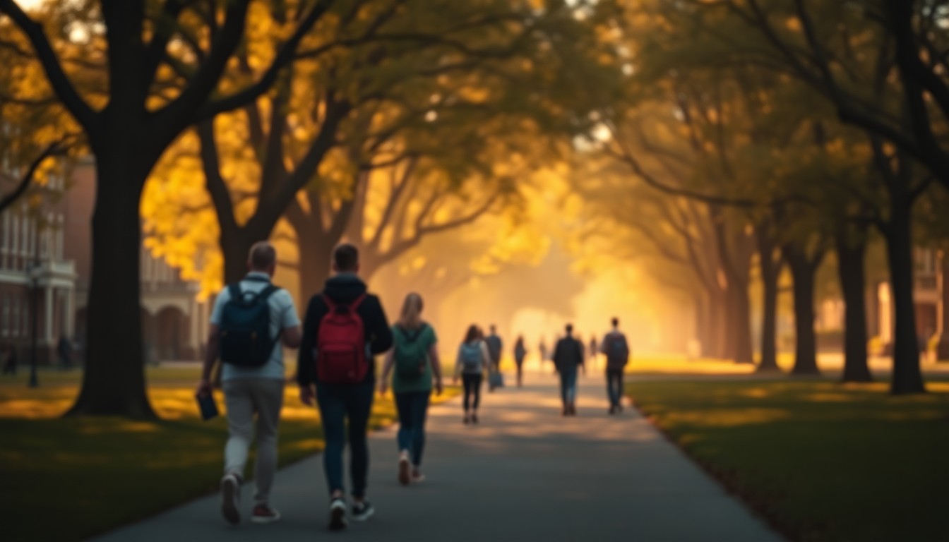 An abstract, out-of-focus photograph of students walking on a college campus, with warm, hazy pools of light and color creating a dreamlike, atmospheric mood.