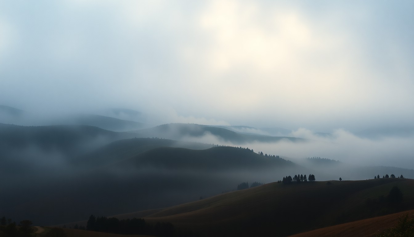 A sweeping, atmospheric landscape painting in muted tones of grey, blue, and green, depicting the rolling hills and valleys of Atascadero shrouded in a heavy fog that obscures any distinct structures or landmarks, conveying a sense of the overwhelming, sublime scale of the natural world.