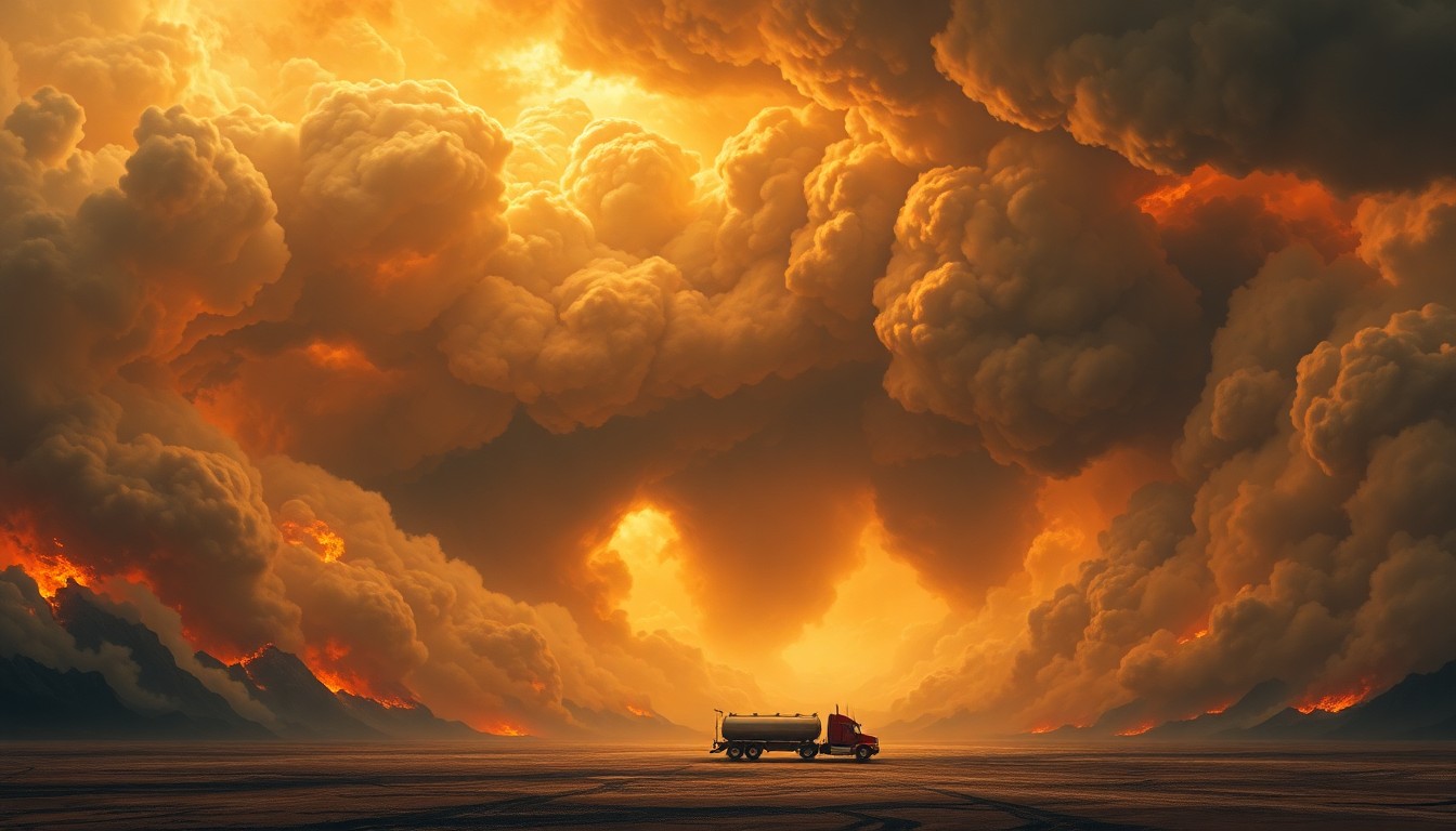 A dramatic, atmospheric landscape painting in the style of Caspar David Friedrich, depicting a massive, swirling vortex of thick, turbulent smoke and flames dwarfing a small, distant 18-wheeler tanker truck, conveying the overwhelming, sublime scale and raw power of the natural disaster.