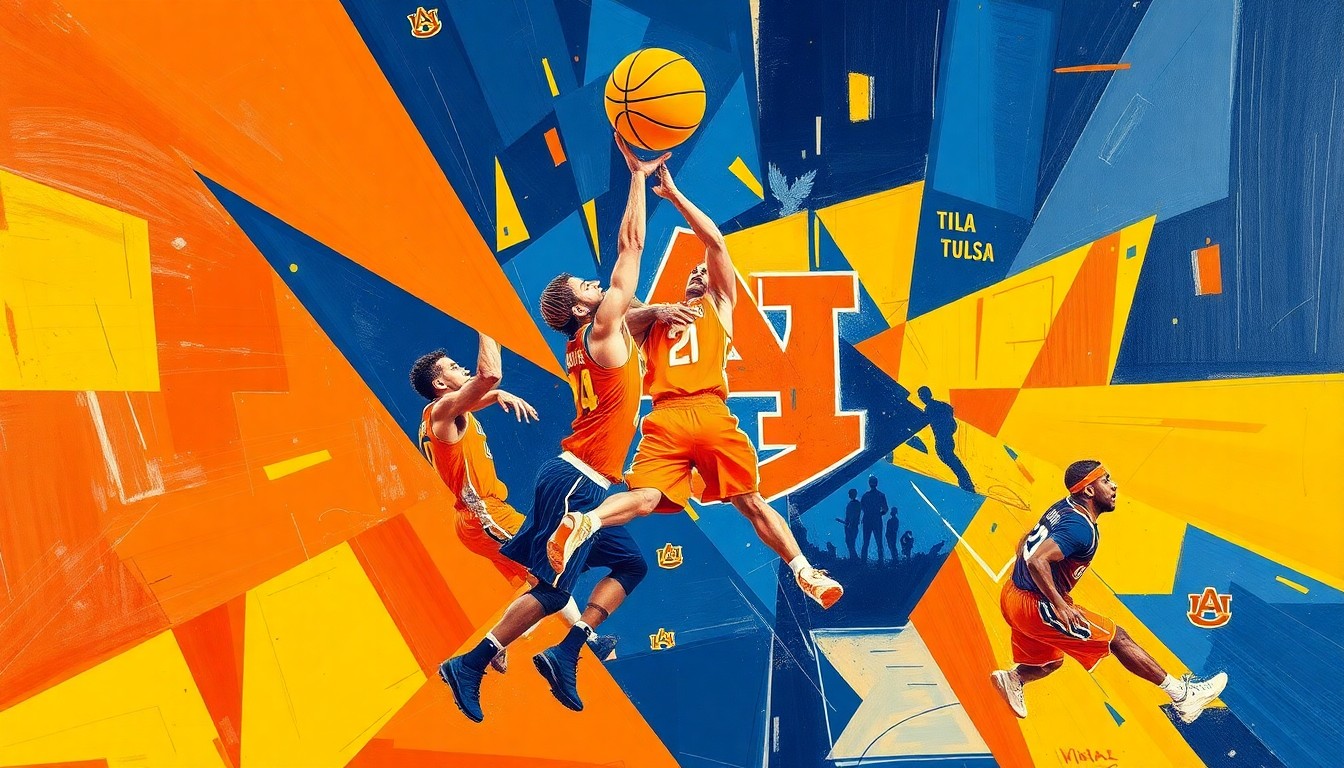 A cubist, geometric painting depicting the chaotic final moments of the Auburn-Tulsa NIT championship game, with fragmented, overlapping shapes and planes of color representing the intense action on the court.