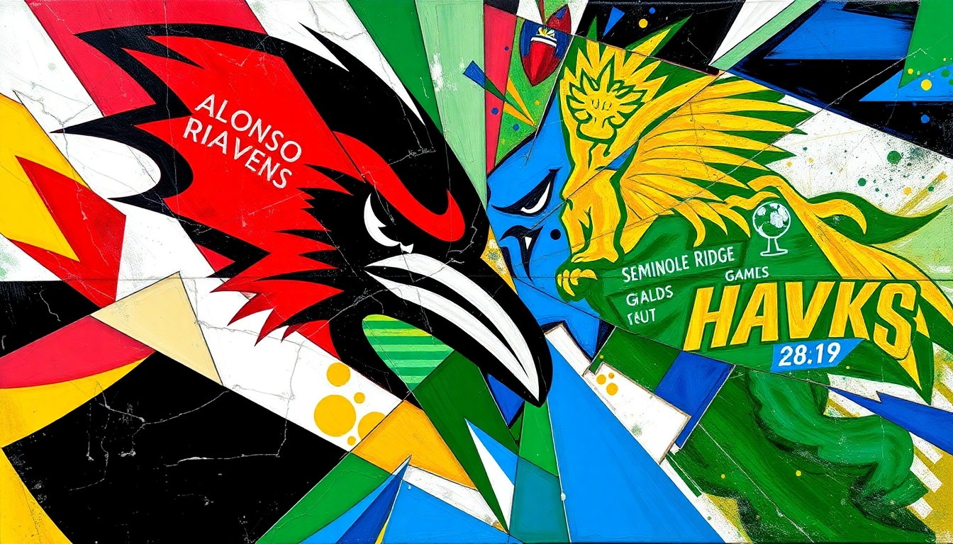 A fragmented, geometric painting depicting the fast-paced action of a high school girls flag football game, with overlapping planes of vibrant team colors representing the sport's rising popularity.