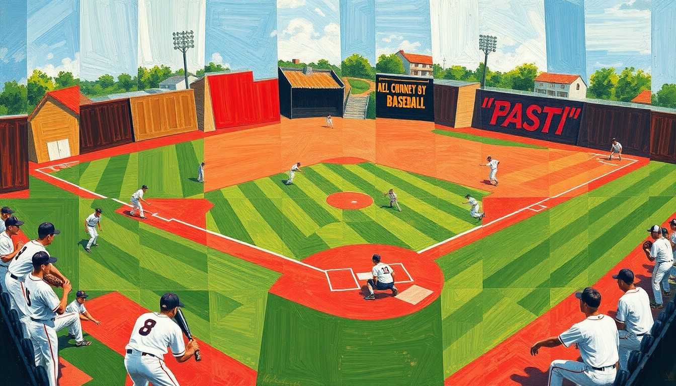 A fragmented, geometric painting depicting the various elements of a baseball game - the field, players, and equipment - broken down into overlapping planes of color and shape in the style of Pablo Picasso.