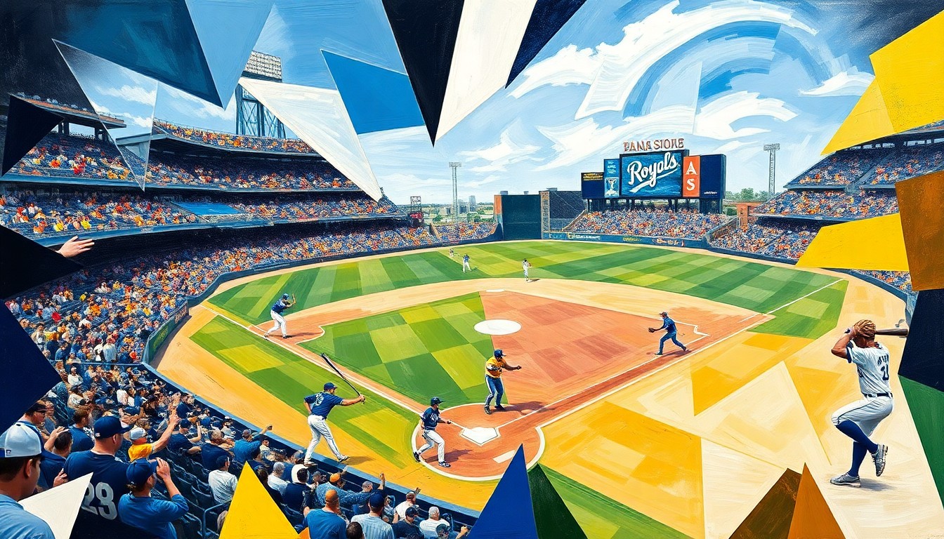 A fractured, multi-perspective painting depicting a baseball game between the Kansas City Royals and Milwaukee Brewers, with the players' movements and the field of play broken down into abstract geometric shapes and angles in the style of Pablo Picasso.