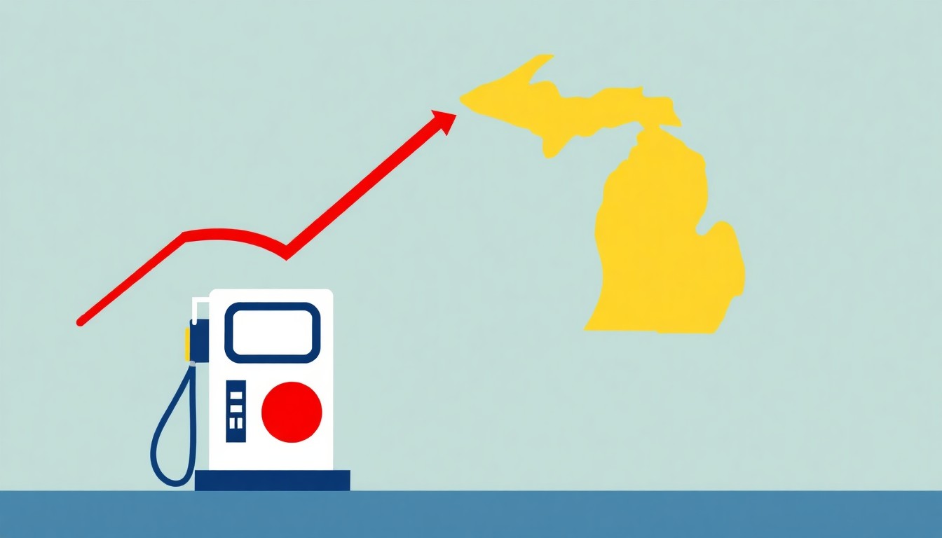 A minimalist abstract illustration using bold geometric shapes and primary colors to conceptually represent the ups and downs of gas prices in Michigan, without any text or identifiable elements.