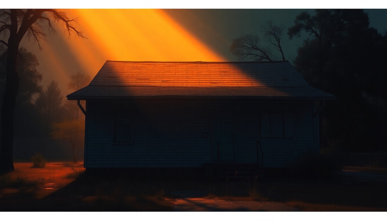 A realistic oil painting depicting an abandoned, boarded-up house in a residential neighborhood, with warm sunlight casting long shadows across the scene, conveying a sense of urban decay and the need for revitalization.