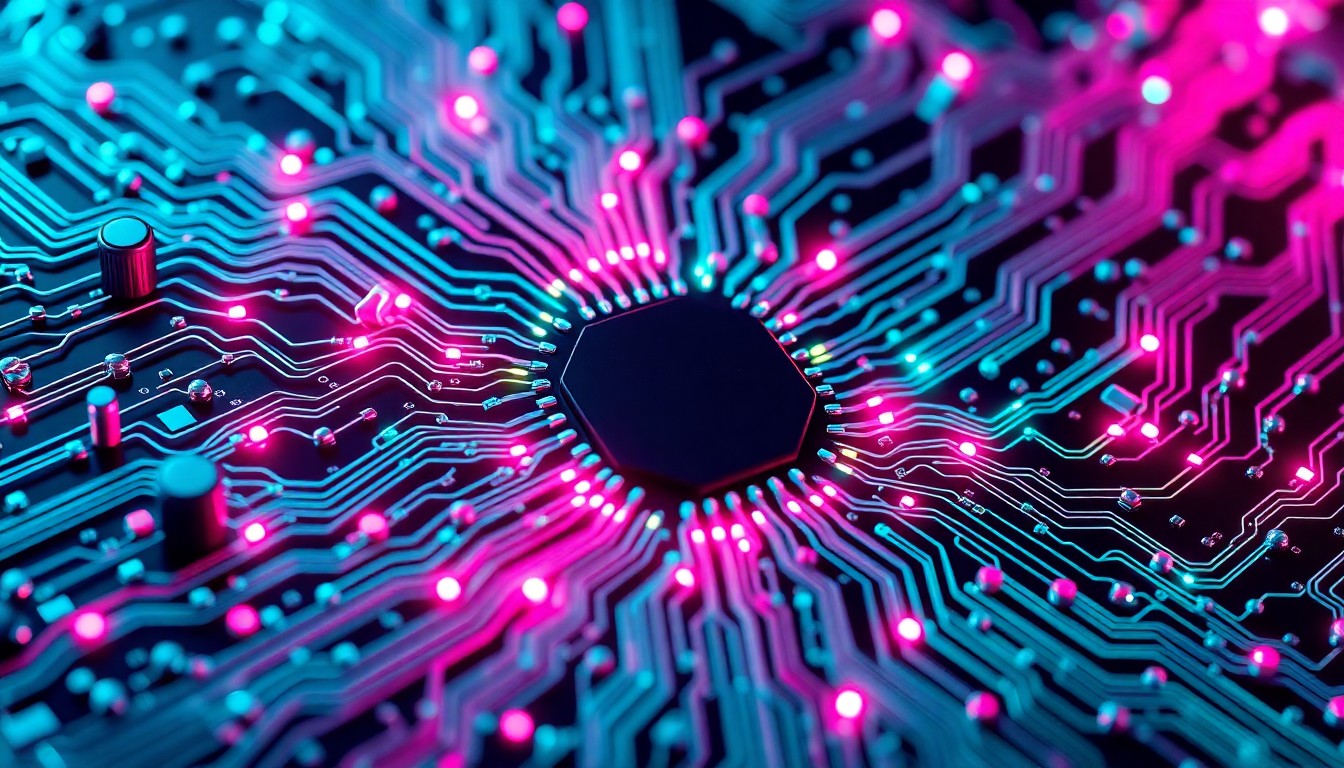 A highly detailed, glowing 3D macro illustration of a complex network of interconnected circuits and data pathways, representing the advanced AI infrastructure and computational power that powers Anthropic's healthcare and life sciences offerings. Vibrant neon cyan and magenta lights illuminate the intricate hardware, symbolizing the cutting-edge technology at the heart of the Anthropic-Coefficient Bio acquisition.