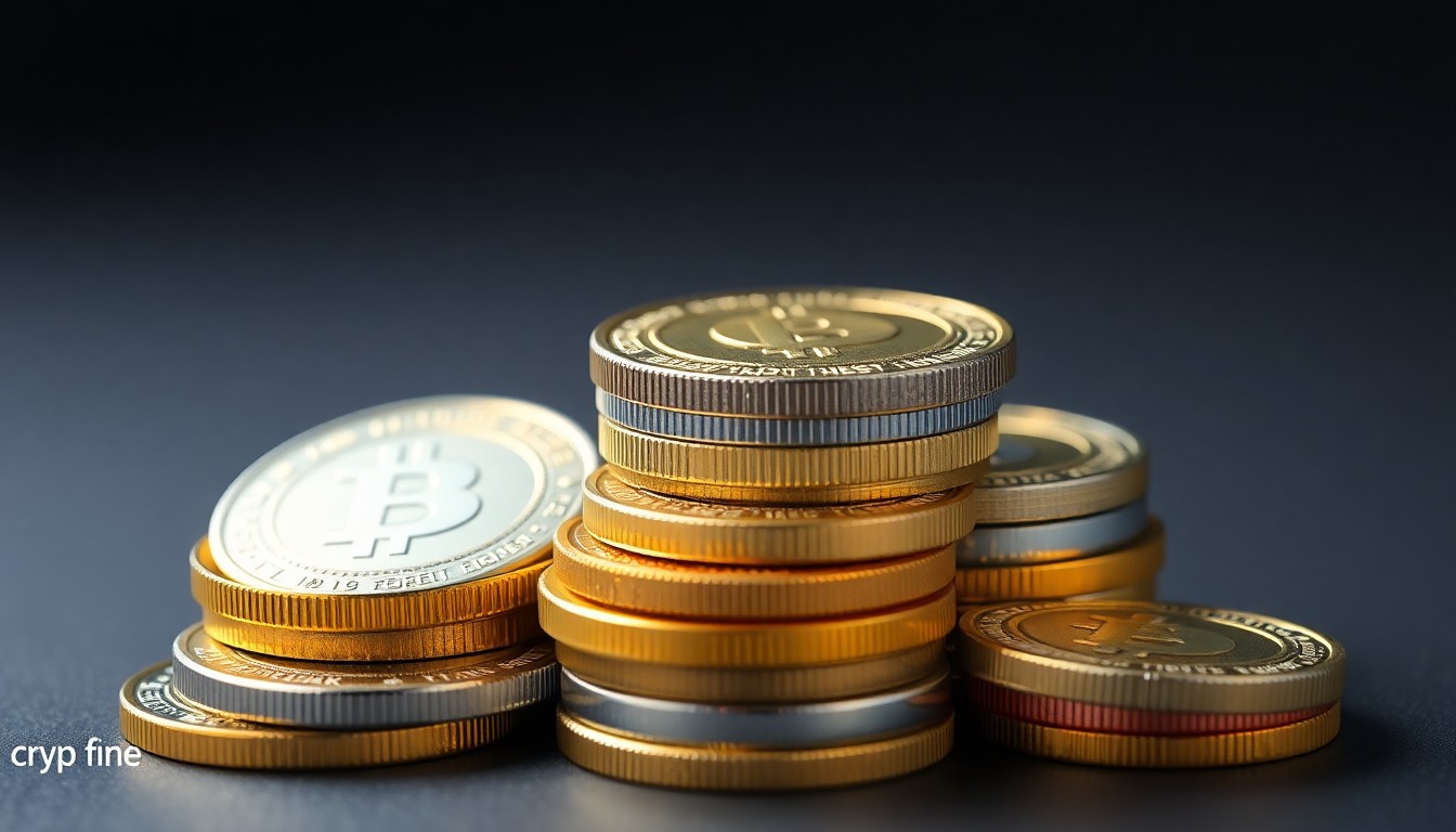 A minimalist, photorealistic studio still life featuring a stack of polished metal cryptocurrency tokens in various colors, representing the secure and compliant data exchange between the two exchanges.