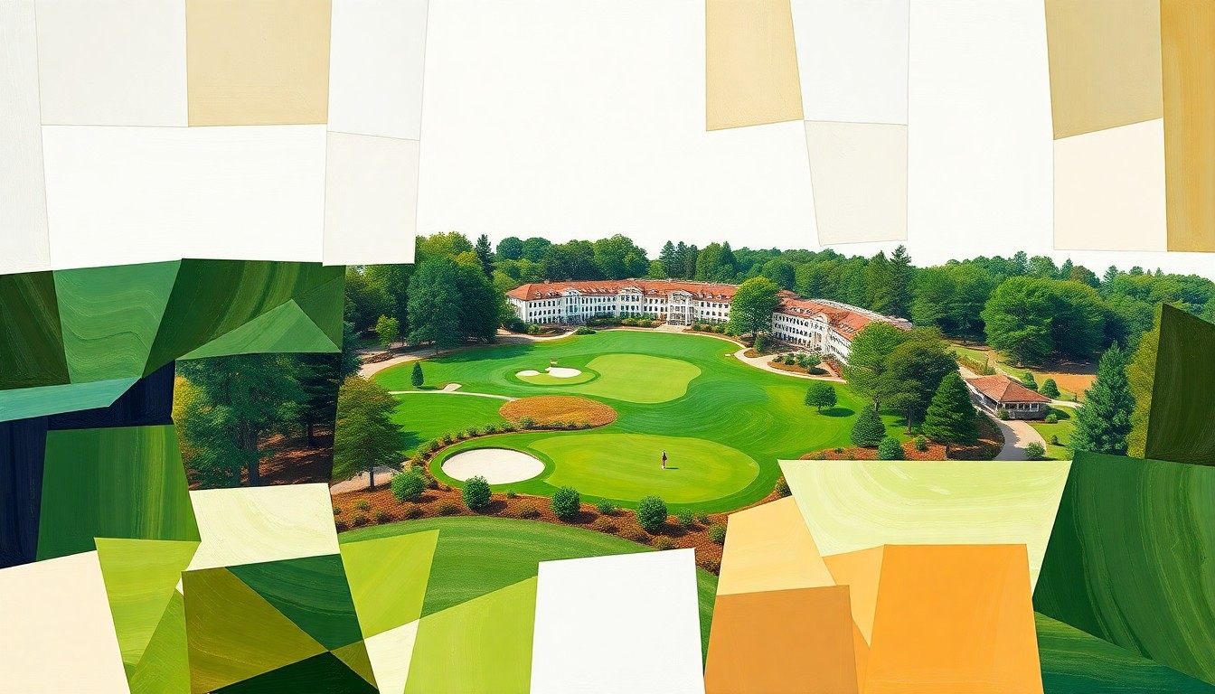 A fractured, multi-perspective painting depicting the iconic Augusta National Golf Club course, with sharp, overlapping geometric planes in a palette of lush greens, deep browns, and bright white, conceptually representing the prestigious Masters Tournament.