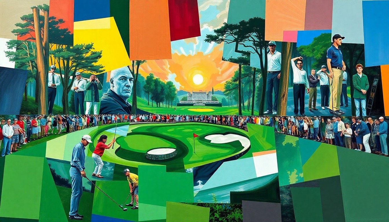 A cubist, fragmented painting depicting a golf tournament scene at Augusta National, with players and course elements broken down into sharp, overlapping geometric shapes and planes in a vibrant color palette.