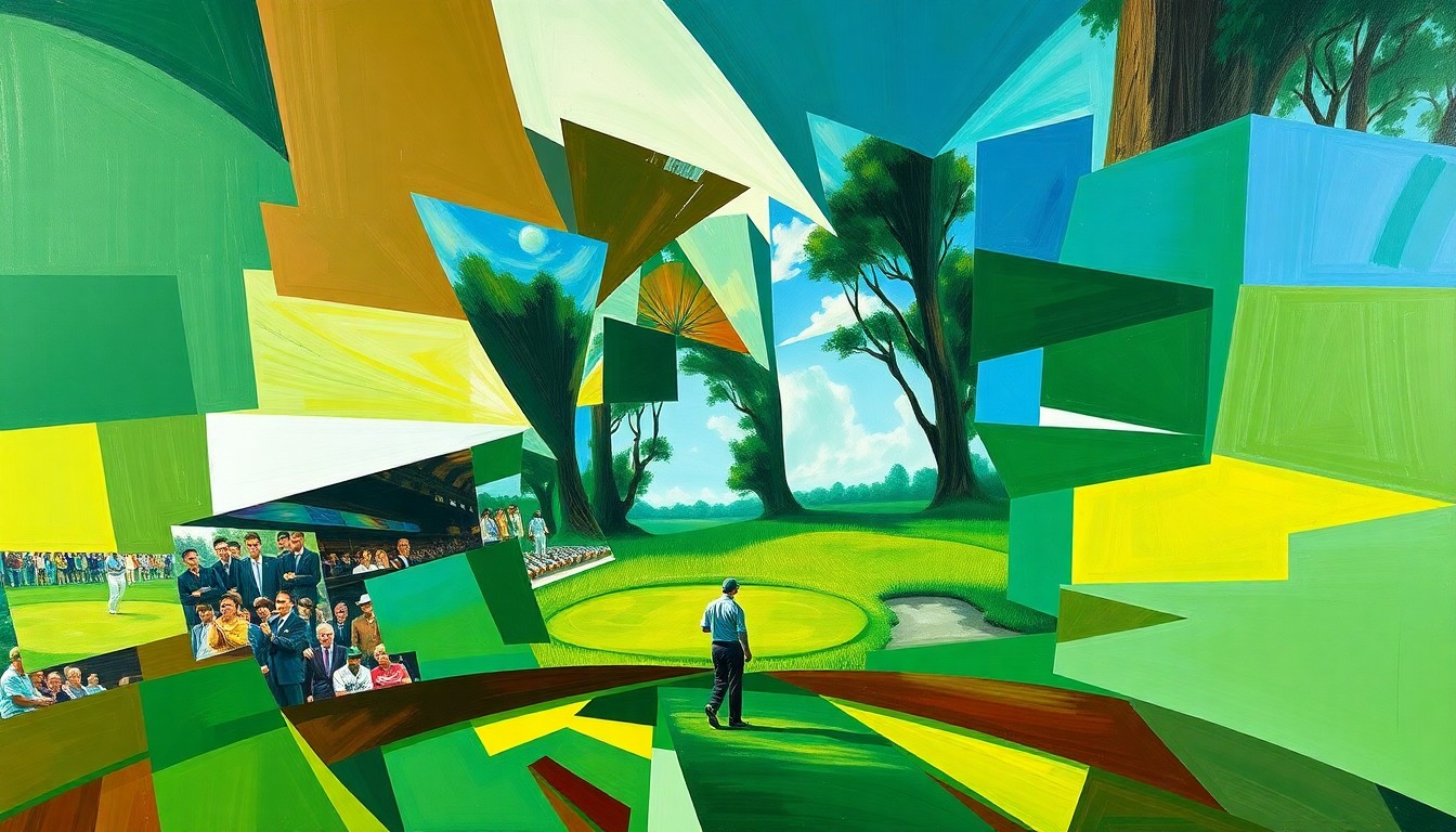 A cubist, geometric painting depicting a fragmented scene of a golf match at the Masters, with overlapping planes of color representing the diverse athletic talents of an unorthodox competitor.